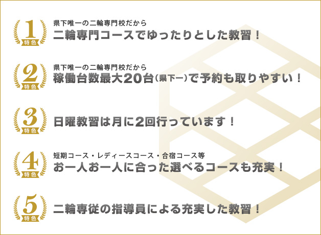 
					特色1.喧嘩唯一の二輪専門校だから二輪専門コースでゆったりとした教習！
					特色2.喧嘩唯一の二輪専門校だから稼働台数最大20台(県下一)で予約も取りやすい
					特色3.日曜教習は月に2回おこなっています！
					特色4.短期コース・レディースコース・合宿コース等お一人お一人に合った選べるコースも充実！
					特色5.二輪先住の指導員による充実した教習！